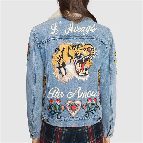 embroidered denim jacket with shearling replica|designer denim jackets.